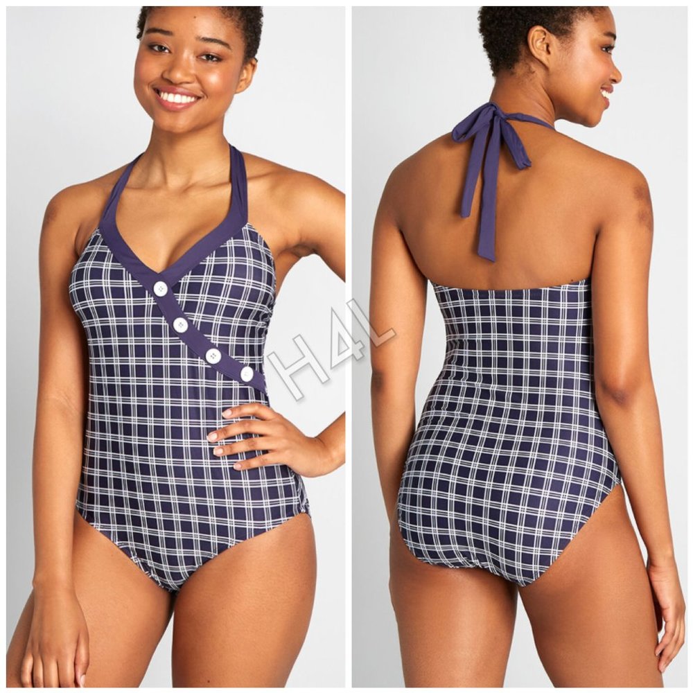 NWT ModCloth Vintage Plaid Button Print Swimsuit